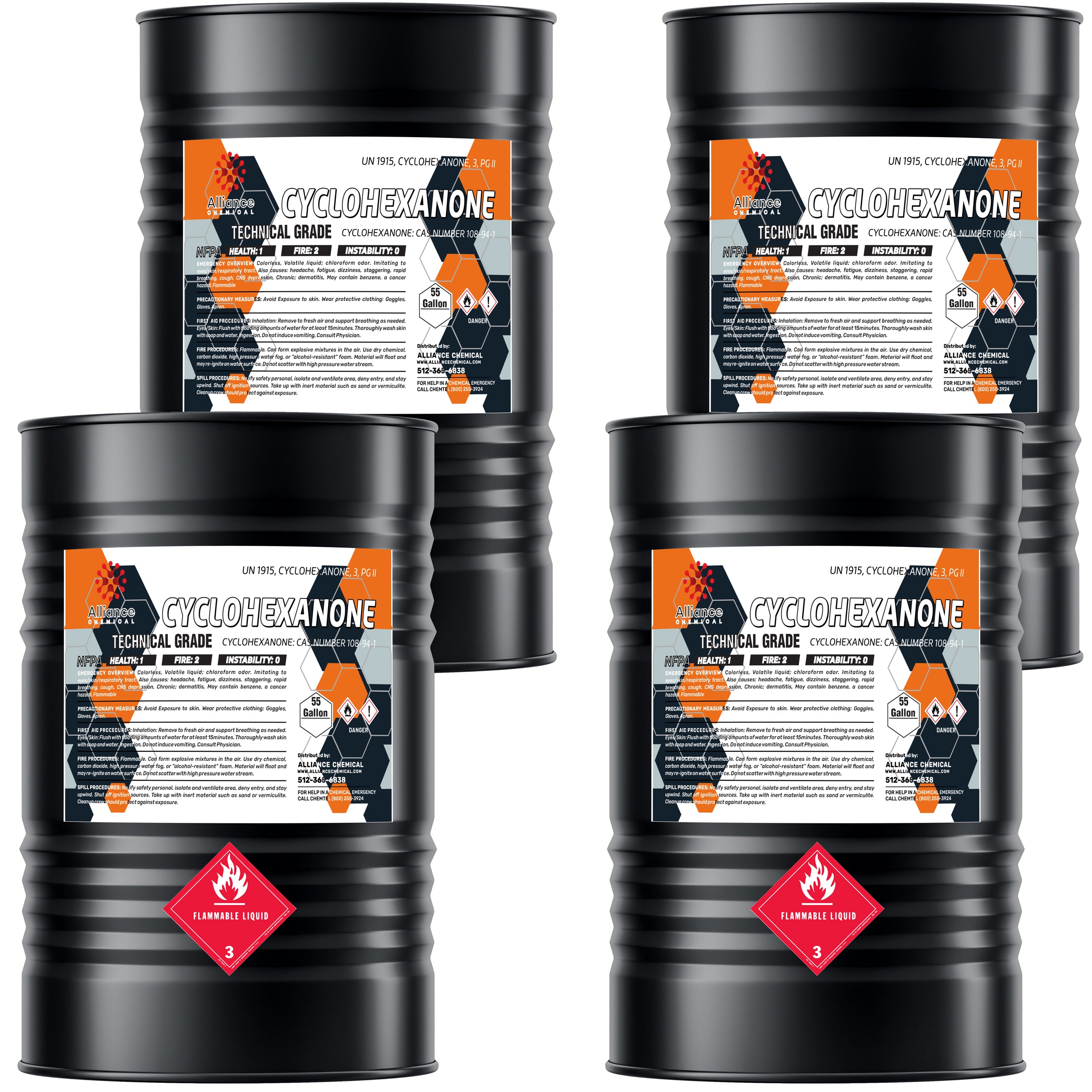 55-gallon drums of technical-grade Cyclohexanone, UN1915, with flammable liquid Class 3 hazard labels, orange-black industrial labeling, 4-drum configuration.